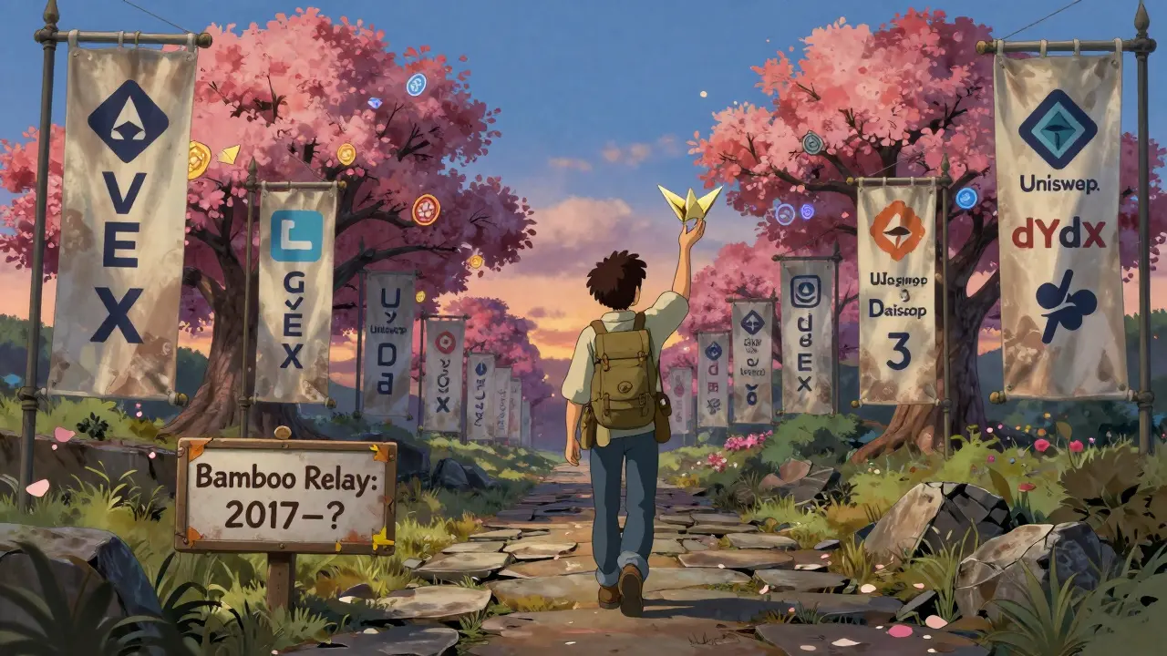 A traveler walks past a faded Bamboo Relay sign as newer DeFi protocols bloom like trees ahead, a paper crane ETH rising into the sky.