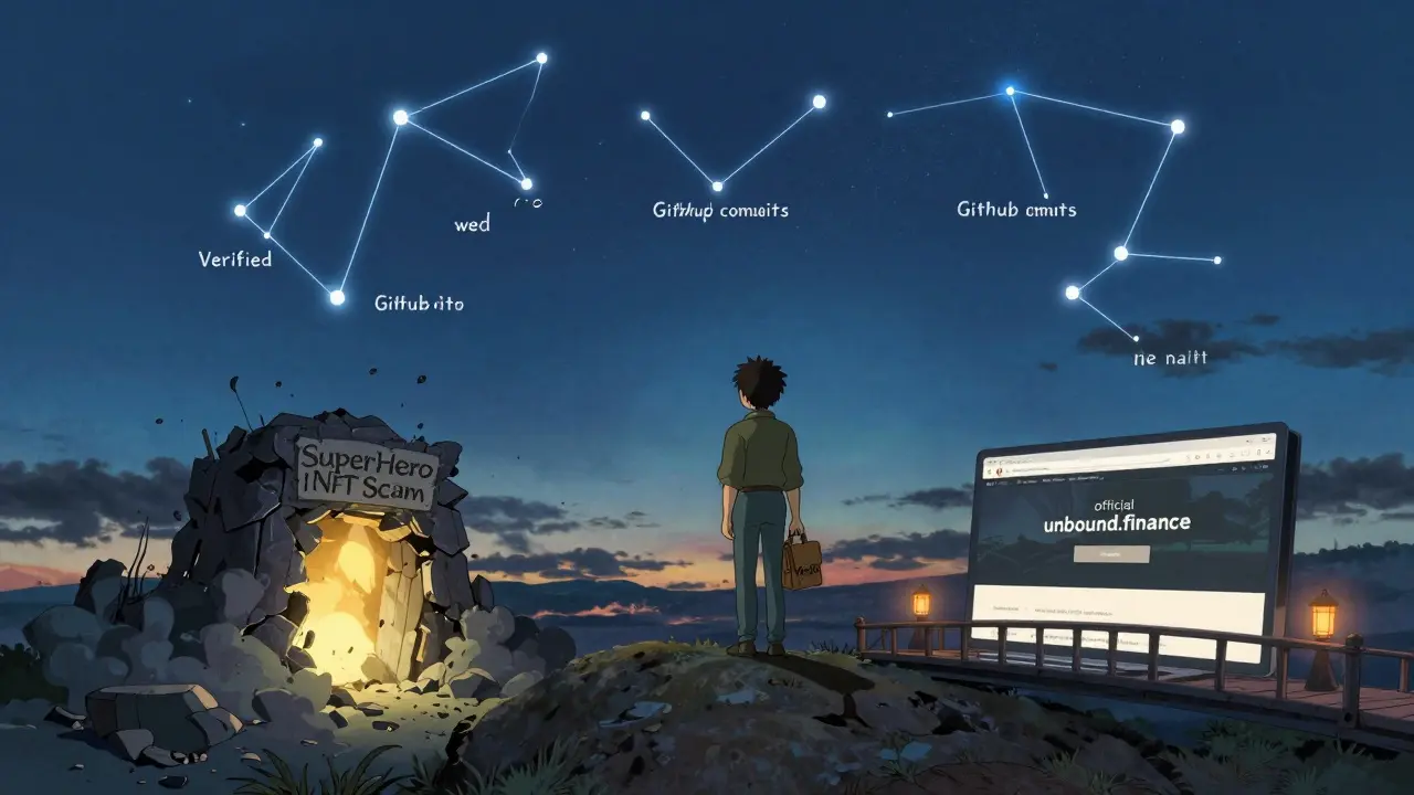 A traveler watches a scam portal collapse as a bridge leads to the official Unbound Finance site.