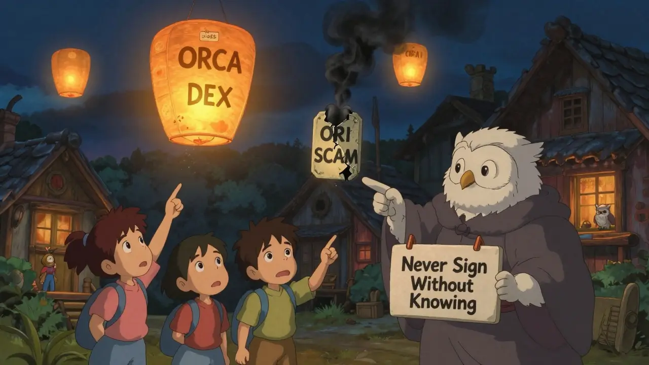 A village with floating token lanterns, one cracked and leaking black smoke labeled 'ORI SCAM', watched by children and an elder owl.