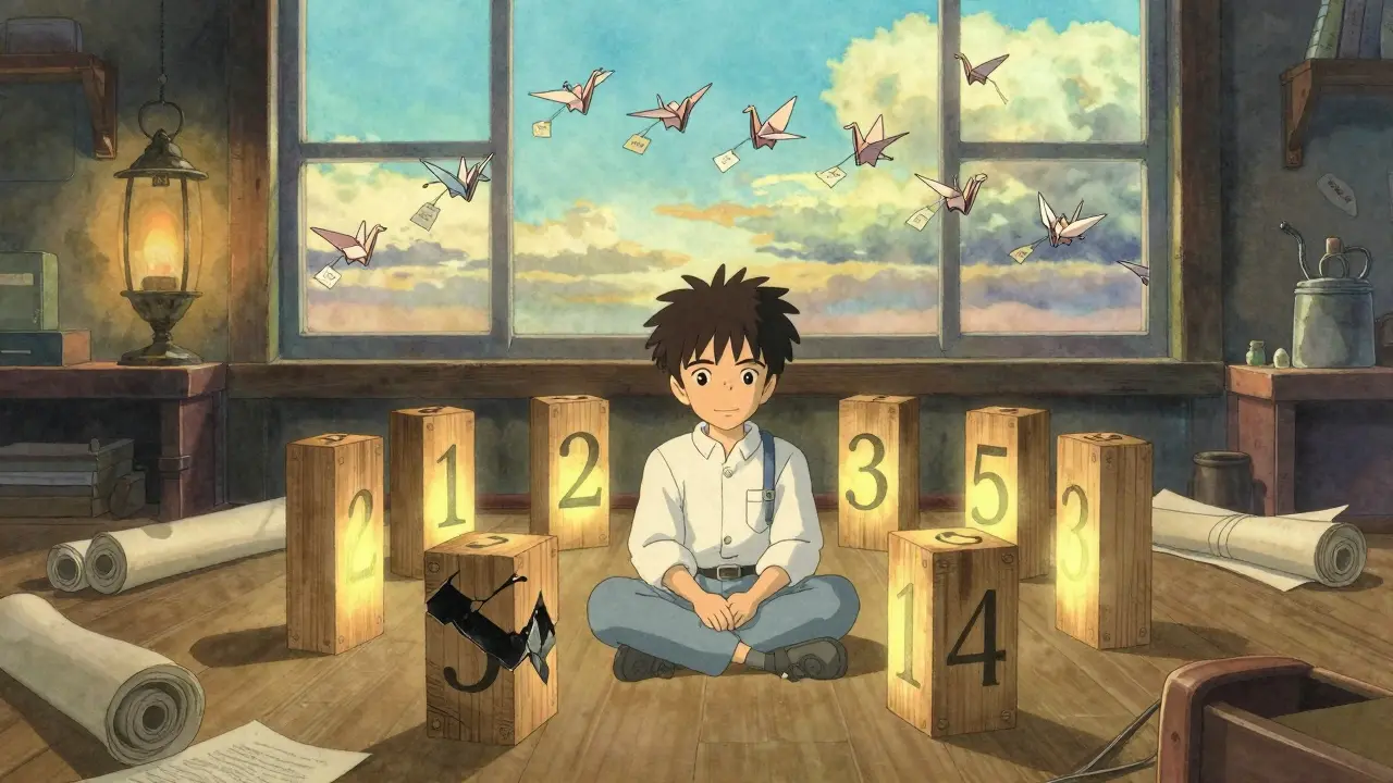 A young engineer arranges seven glowing blocks to overcome one corrupted node.