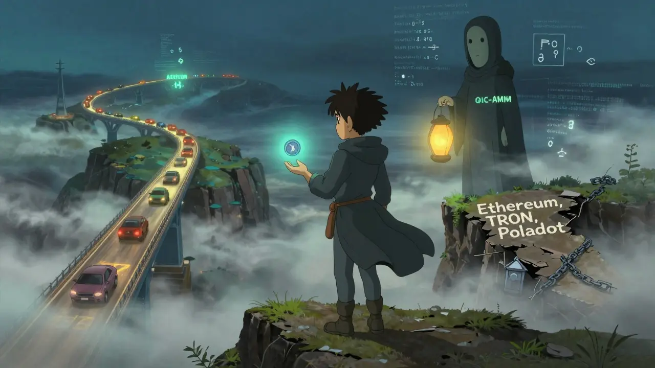 A young trader stands at a crossroads between stable and unstable chains, holding a silent, glowing token.