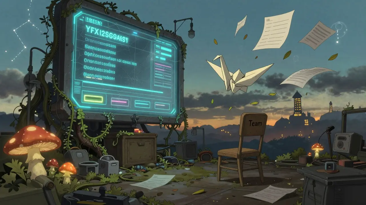 An abandoned digital trading floor overgrown with glowing flora, where a single origami crane drifts down.