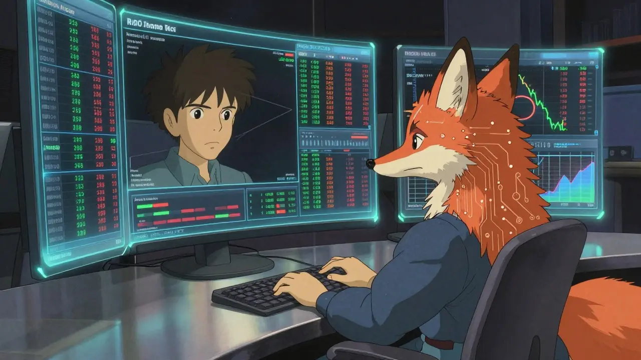 An advanced trader at a holographic console, illuminated by rapid market data, with a mystical fox spirit watching over them.