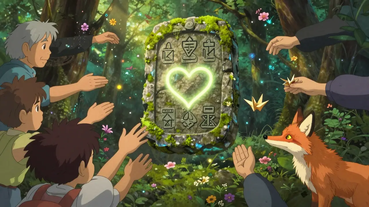 An ancient stone tablet with smart contract symbols floats in a forest, surrounded by hands offering flowers and paper cranes.