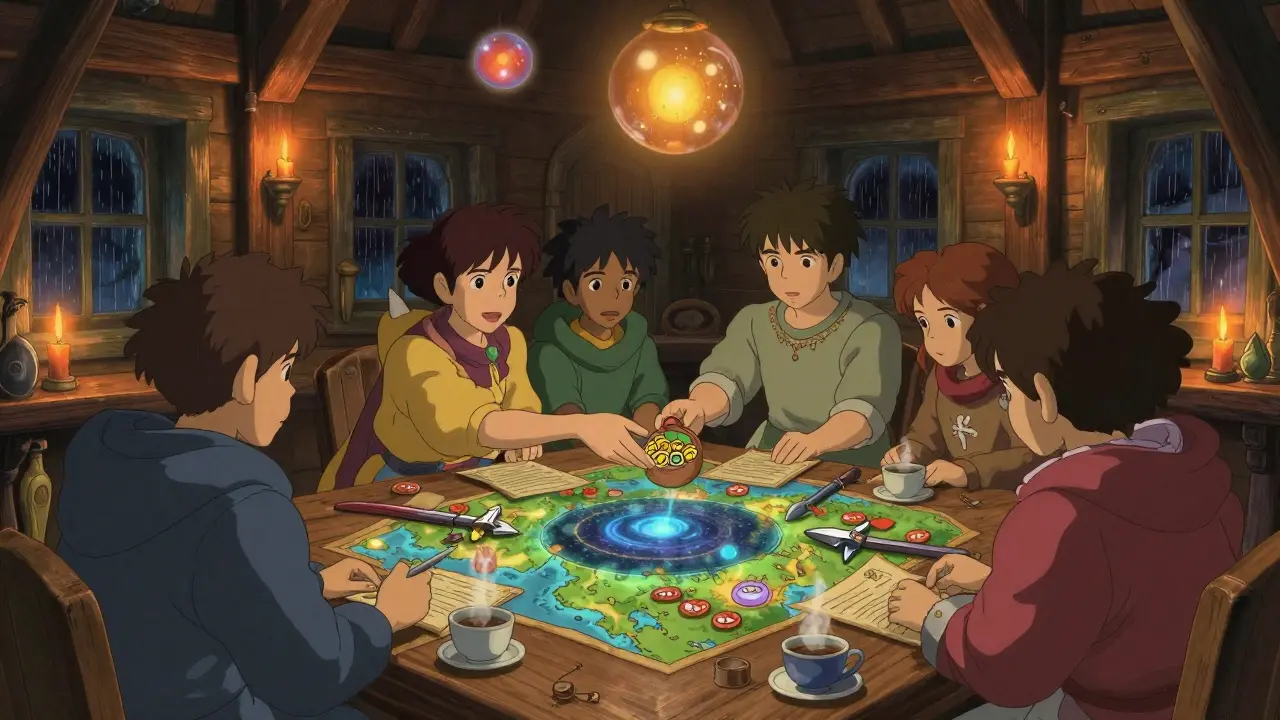 Characters gather in a cozy guildhall, trading NFT items and MAGICK tokens under warm magical lantern light.