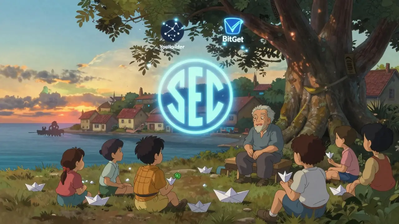 Children playing with crypto-shaped paper boats as an elderly man tells stories, with SEC and licensed CASP logos shining like stars in the sky.