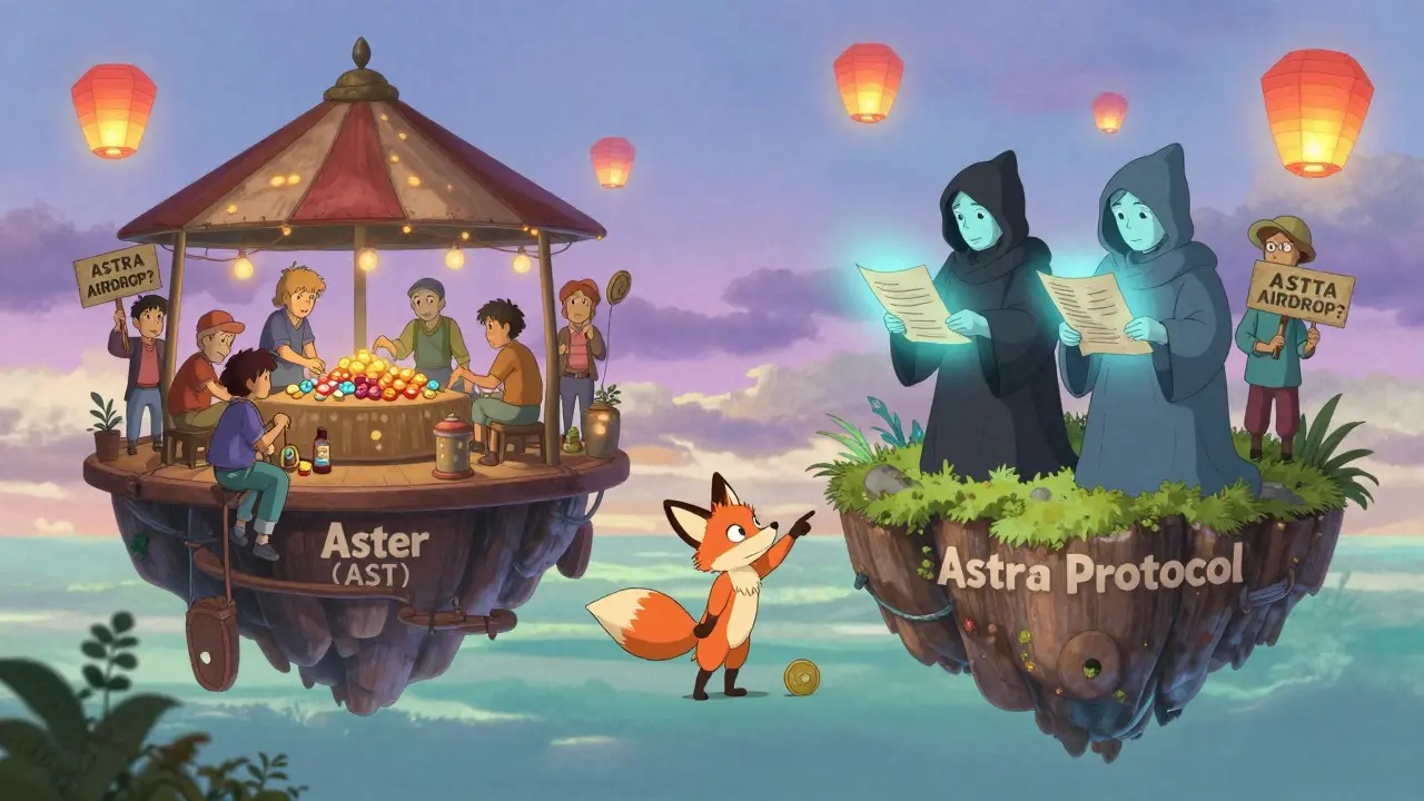 Confused travelers in a digital marketplace are guided by a fox between two floating lands labeled Aster and Astra Protocol.