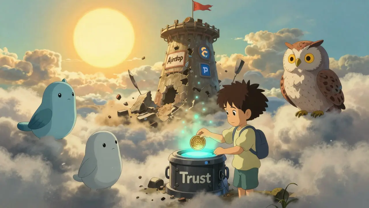 Friendly spirit creatures trade verified tokens in a floating marketplace, as a hollow GLMS tower collapses into dust behind them.