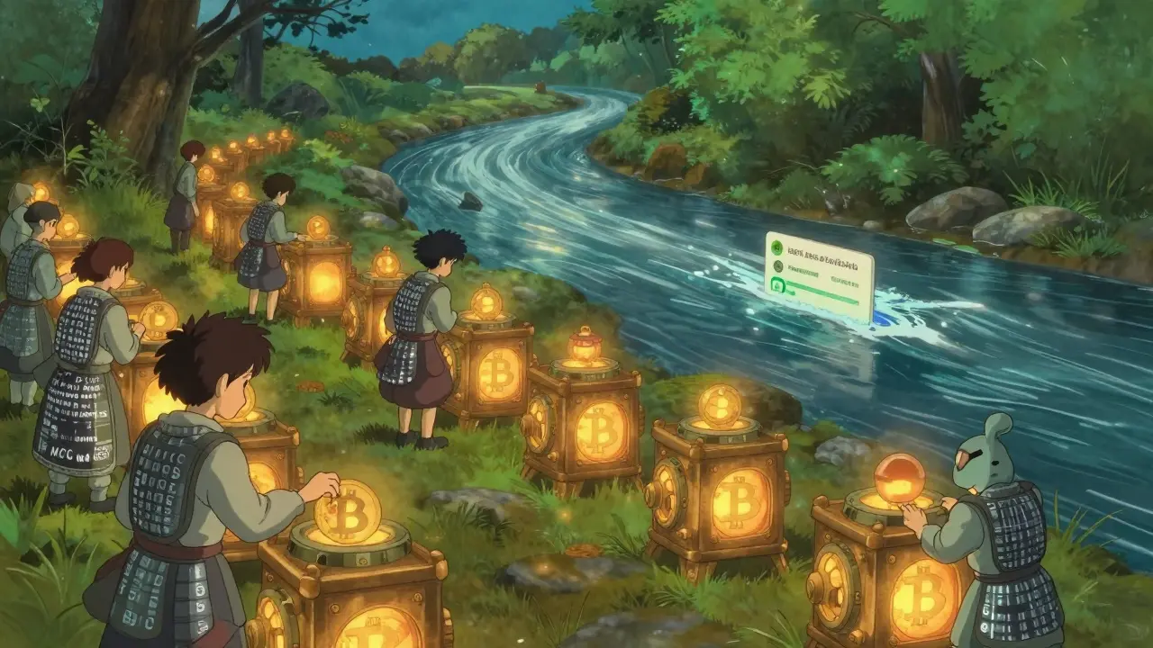 Gentle guardians protect vaults shaped like lanterns as users deposit crypto, while a slow river represents delayed withdrawals.