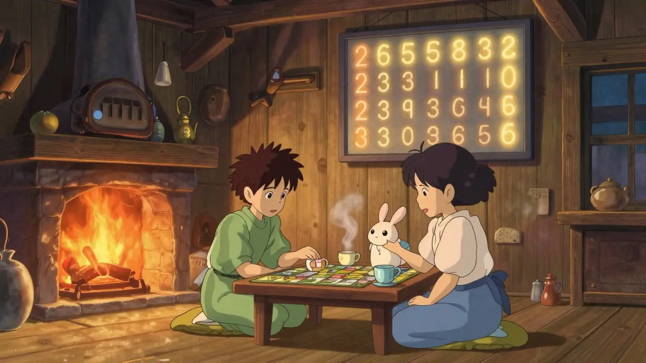 Kiki and friends playing board game, glowing score on wall