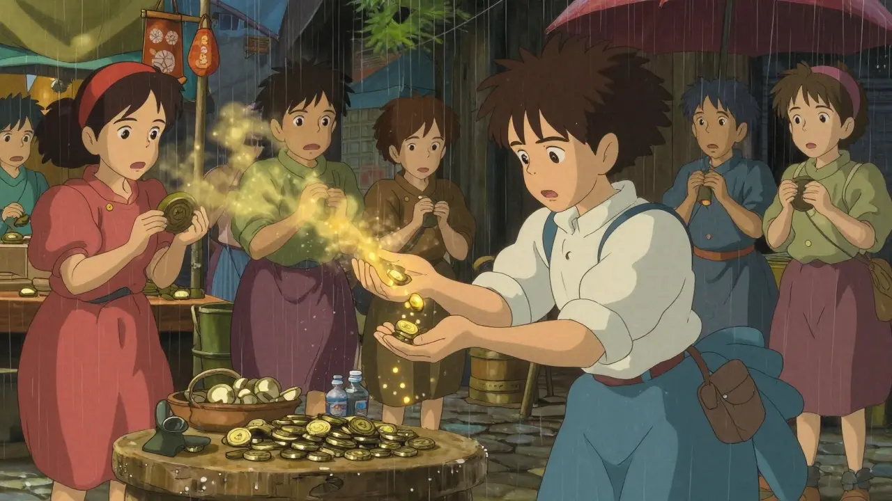 Marketplace scene where tokens dissolve into dust as traders reach for them.