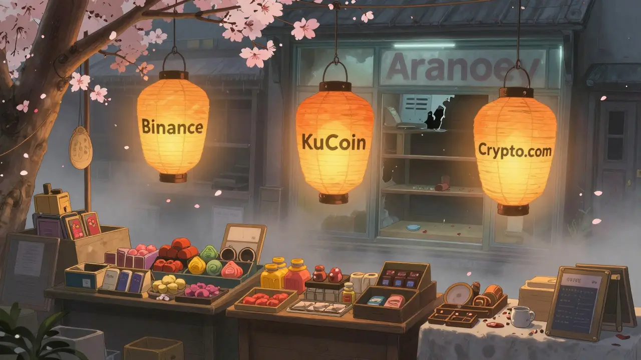 Real crypto exchanges glow peacefully at dawn while a false one fades in a mirror.