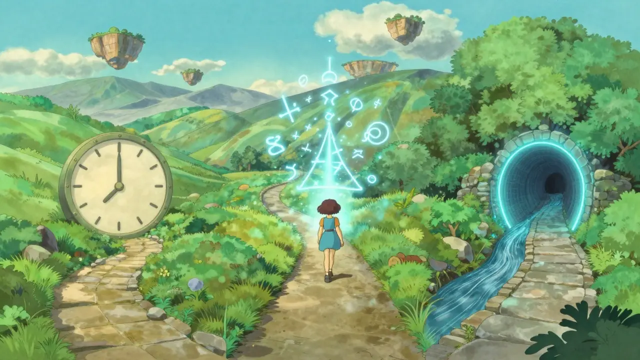 Three mountain paths with clock, math symbols, and river tunnel