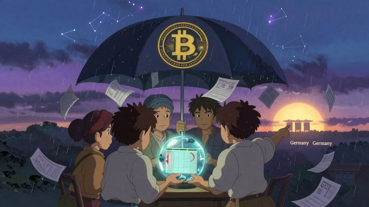 Traders sheltering under a crypto-logo umbrella from a storm of tax forms under a twilight sky.