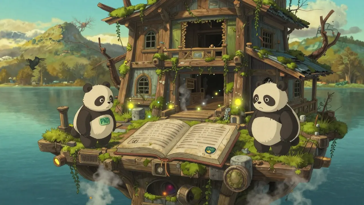 Two robotic pandas stand beside an abandoned crypto platform over a mountain lake.