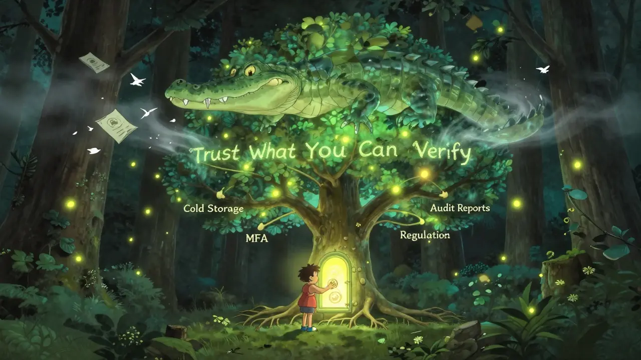 A child places a coin into a secure vault beneath a blockchain tree, while a misty alligator fades away as fireflies spell out a warning.