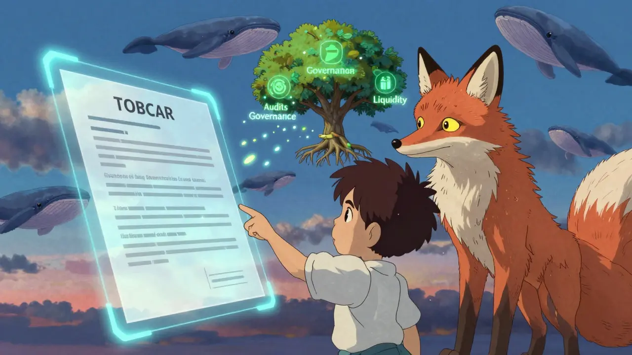 A child reaches for a fake crypto contract while a fox guides them to a blockchain tree with real DeFi values.