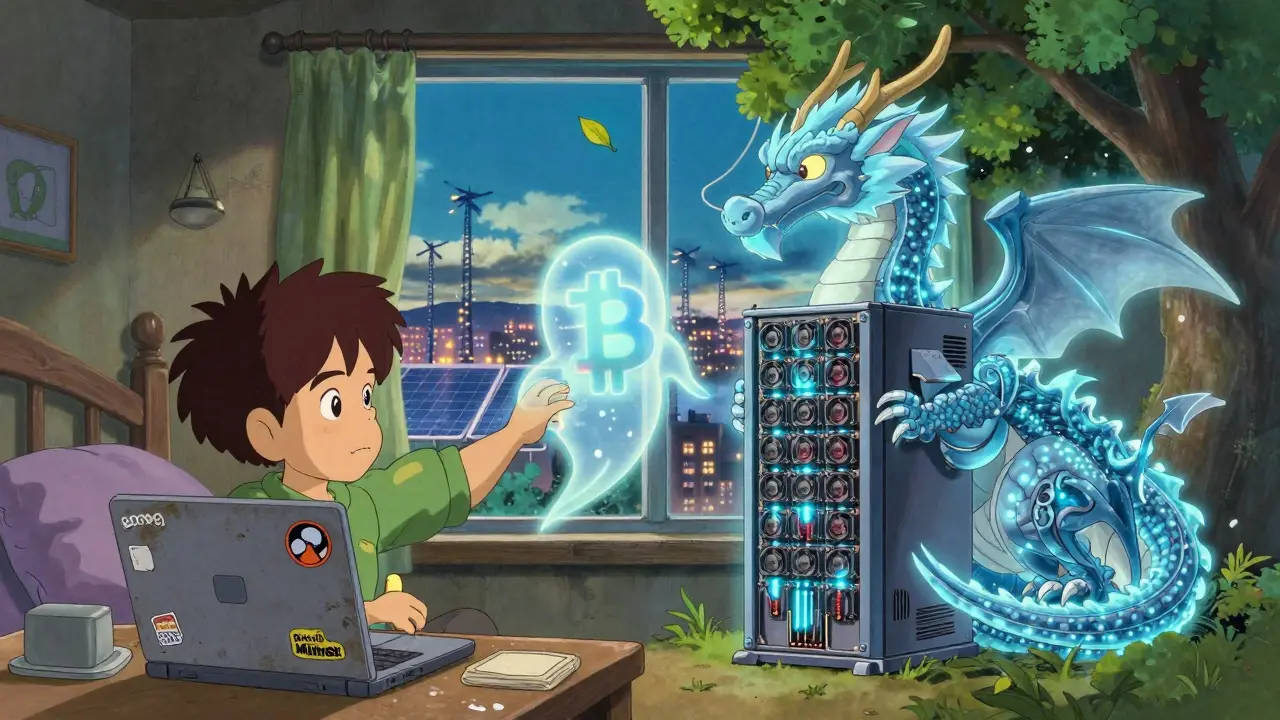 A child’s old laptop beside a dragon-shaped ASIC miner, with a floating Bitcoin spirit between them under a glowing city skyline.