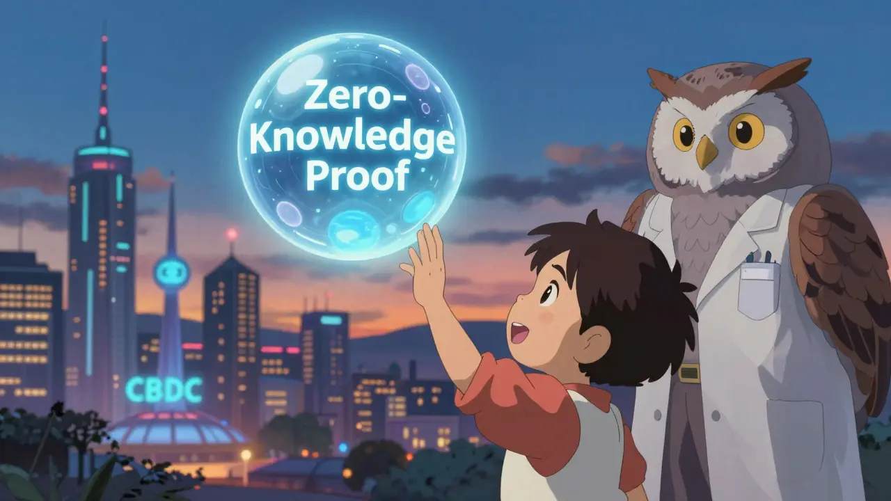 A child touches a glowing orb that confirms their identity without showing personal details, as a wise owl watches nearby in a futuristic city.