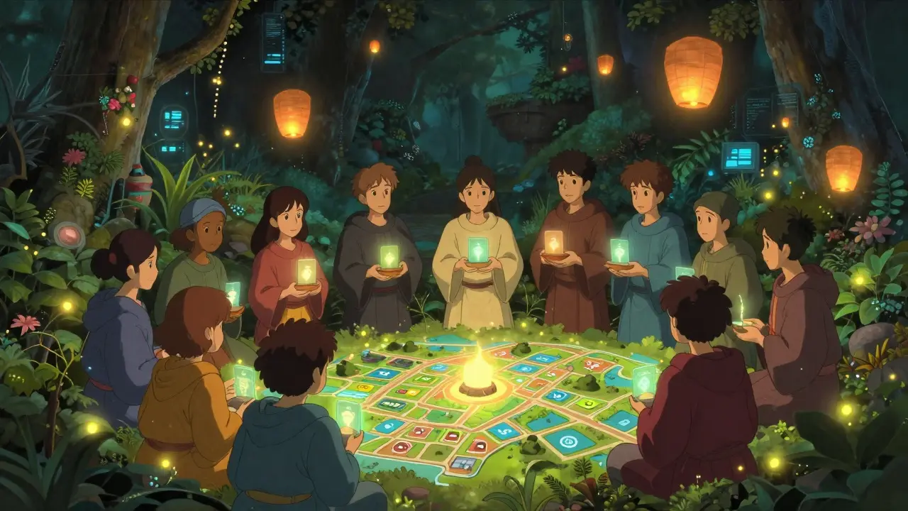 A community of builders gathers around a glowing altar, holding Polqueen NFTs as a map of virtual land unfolds beneath them.