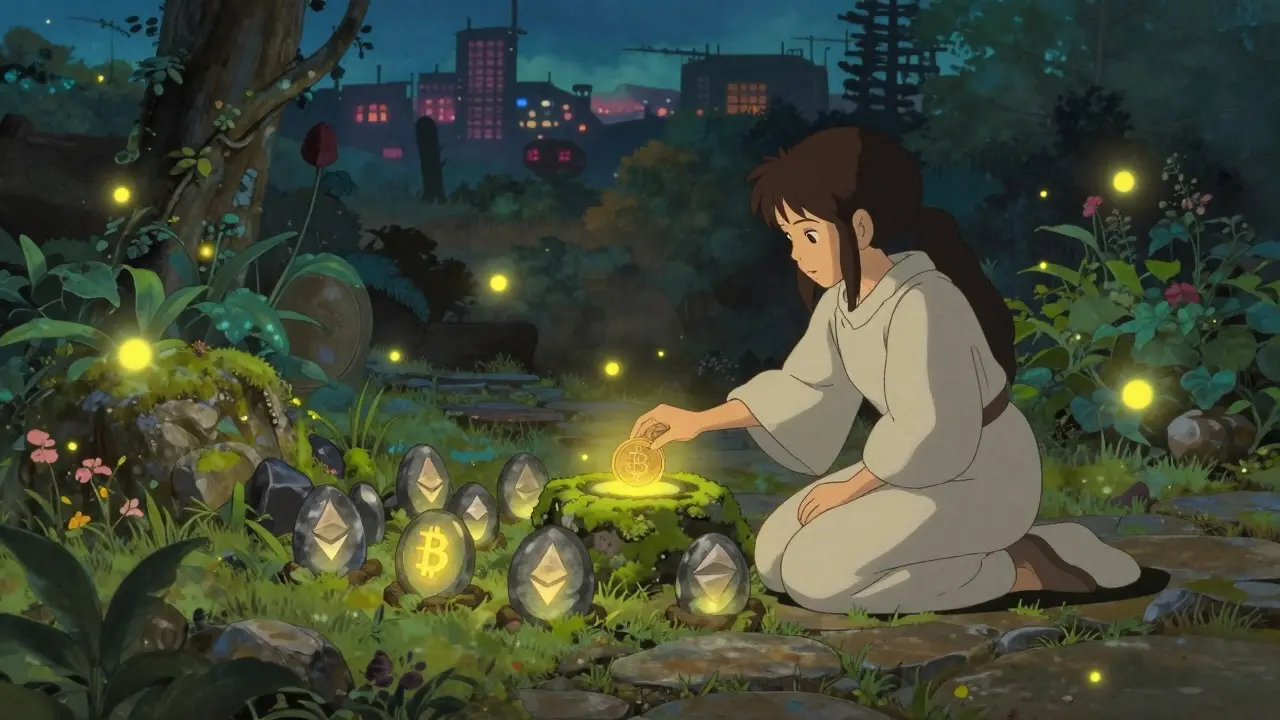 A figure places a coin into a staking altar surrounded by glowing crypto stones in a peaceful twilight garden.