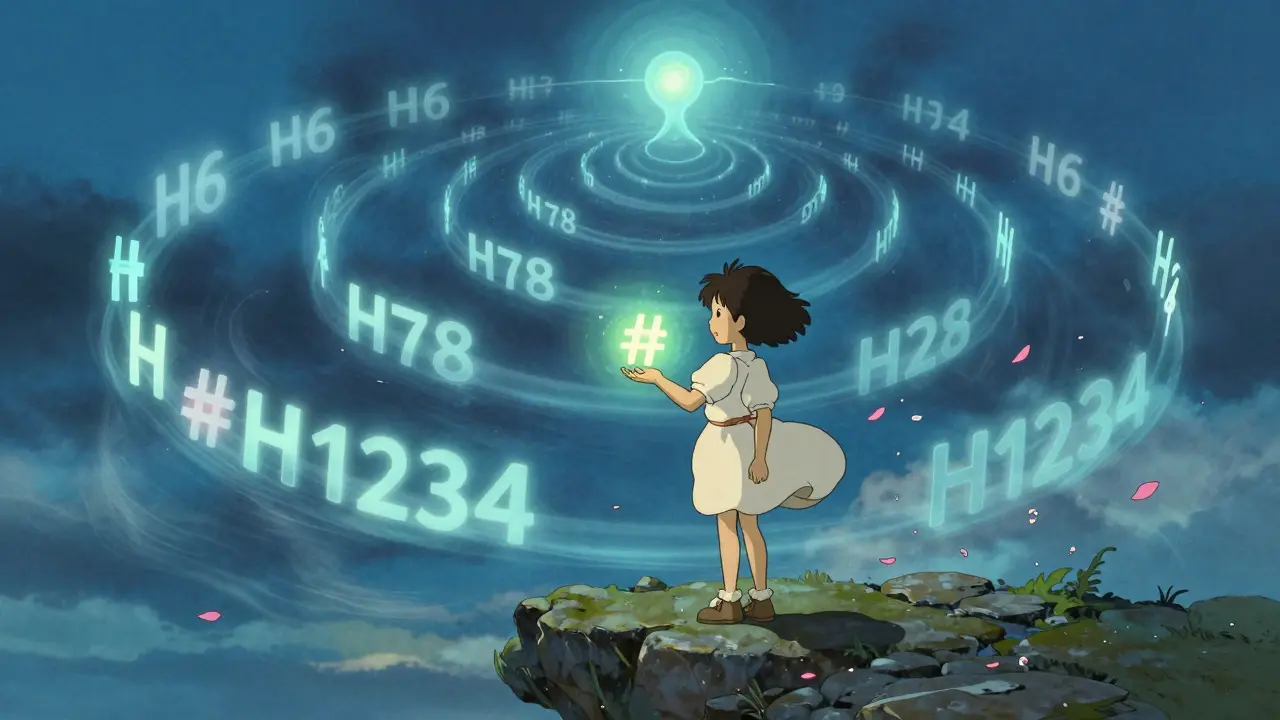 A girl holding a single hash as glowing proof nodes spiral upward to a distant Merkle Root in a dreamlike sky.
