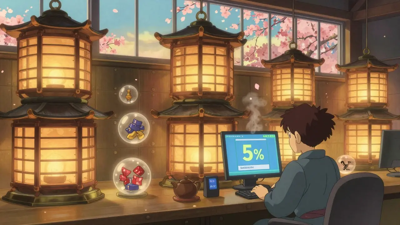 A Japanese crypto vault with digital assets stored in lantern-shaped cold wallets, lit by golden hour glow.