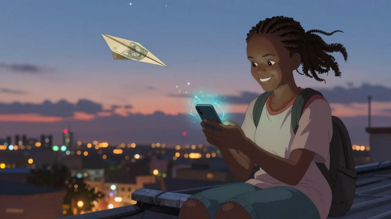 A Kenyan student watches crypto earnings arrive as a paper airplane flies into the twilight sky.