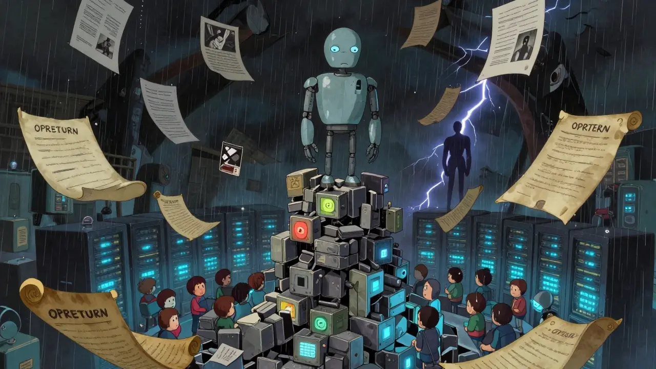 A lonely robot atop a data spire surrounded by floating documents, under a stormy sky in Studio Ghibli style.
