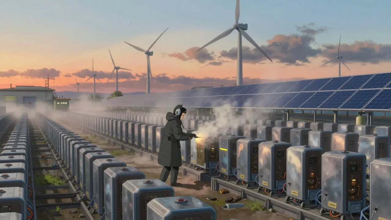 A massive mining farm at dawn powered by wind and solar, with cooling vapor rising like mist among rows of silent machines.