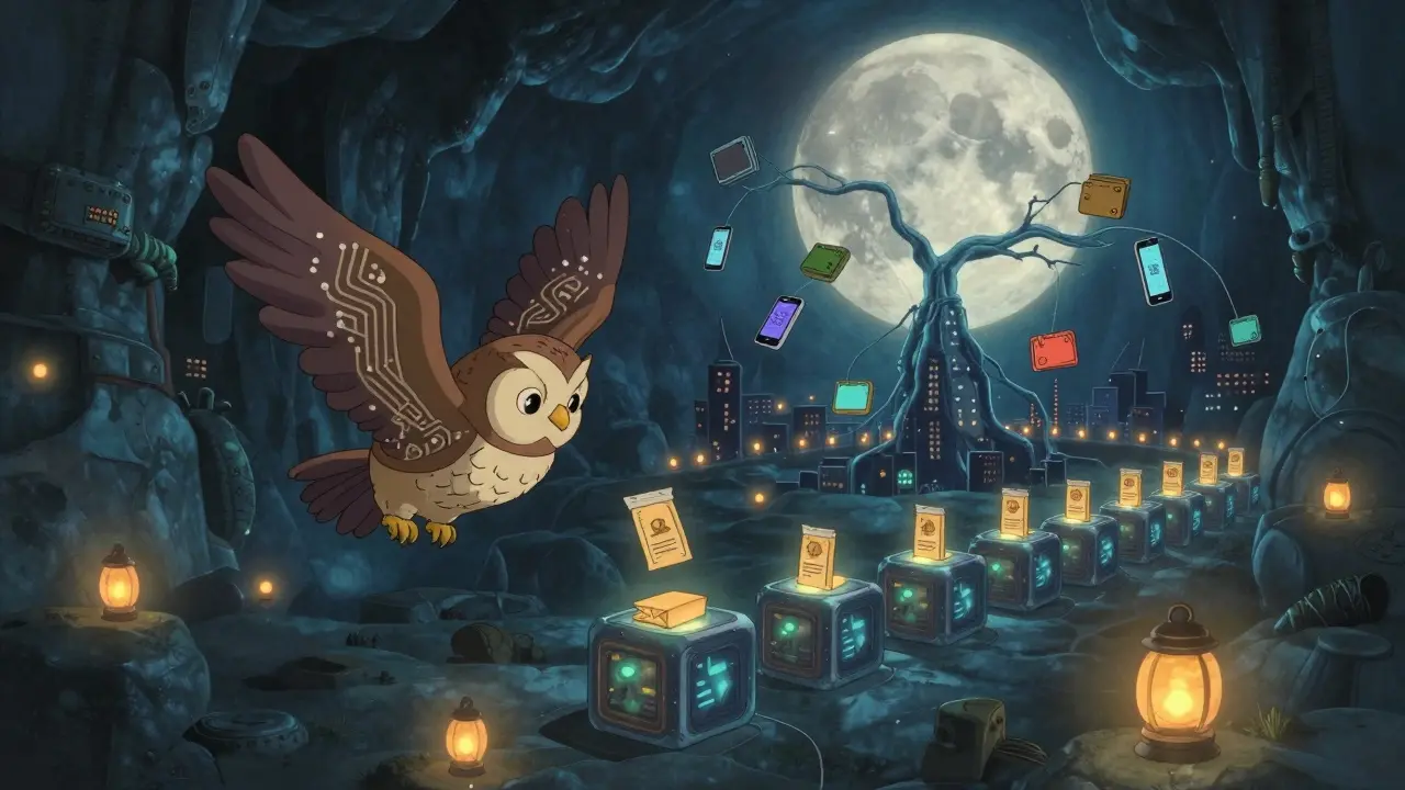 A mechanical owl delivers proof packets through glowing hash nodes beneath a massive Merkle Root moon.