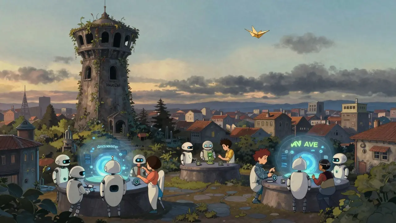 A peaceful DeFi city thrives at dawn while an abandoned tower labeled 'Value DeFi' lies overgrown and dark.