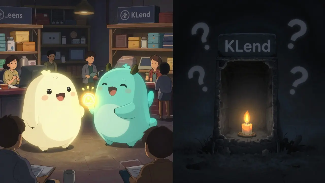 A peaceful DeFi marketplace beside a dark, empty KLend structure with a dying candle in Studio Ghibli style.
