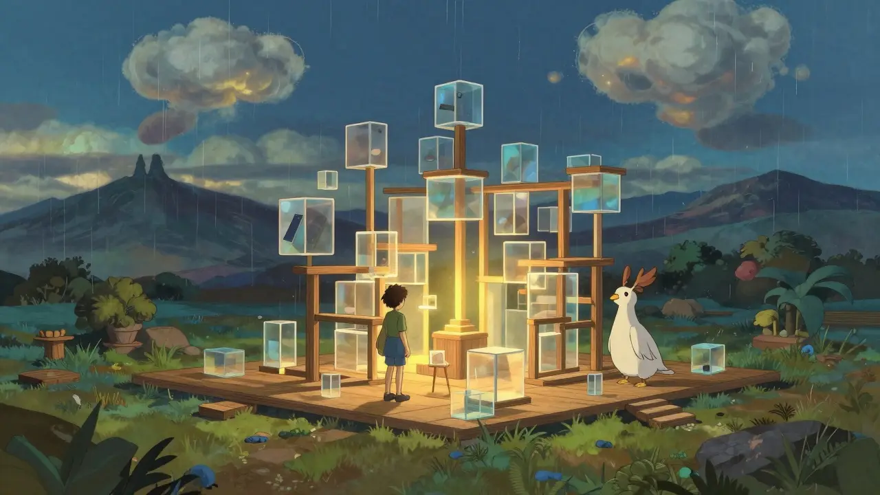 A person builds a virtual art gallery on a small plot of land, their Polqueen NFT avatar glowing softly beside them in the rain.