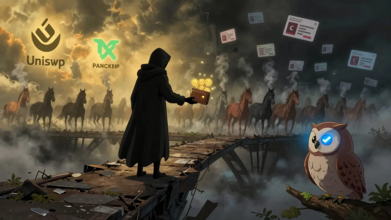 A shadowy figure reaches for crypto coins as digital horses vanish, watched by a wise owl with a blue checkmark.