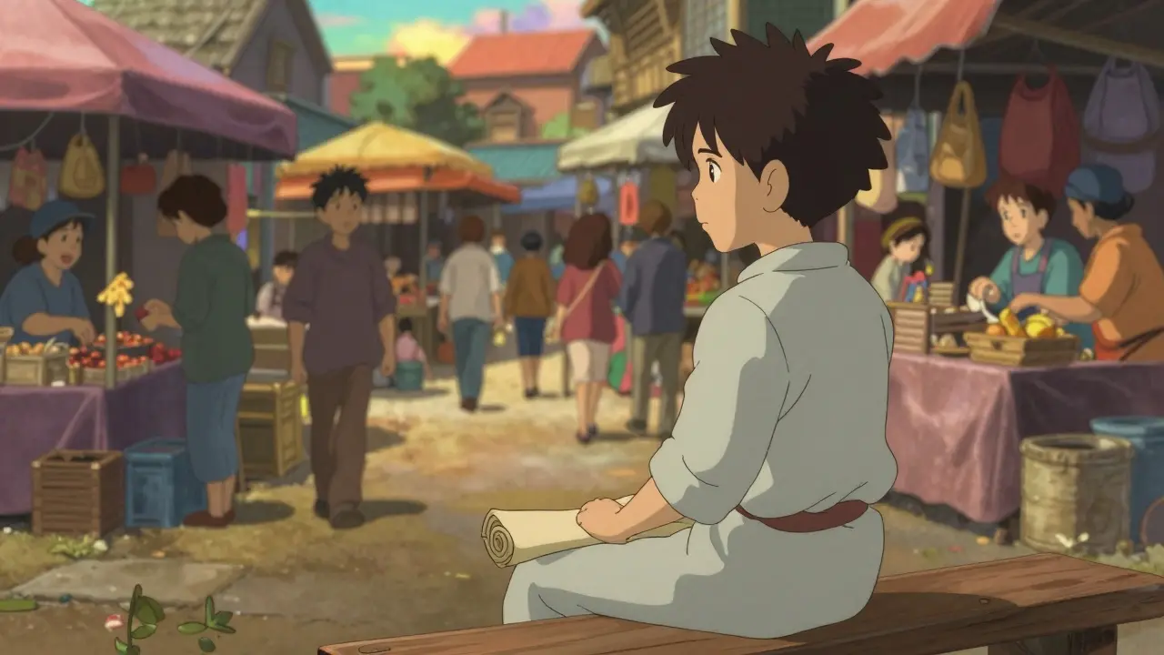 A solitary person sitting on a bench overlooking a busy marketplace.