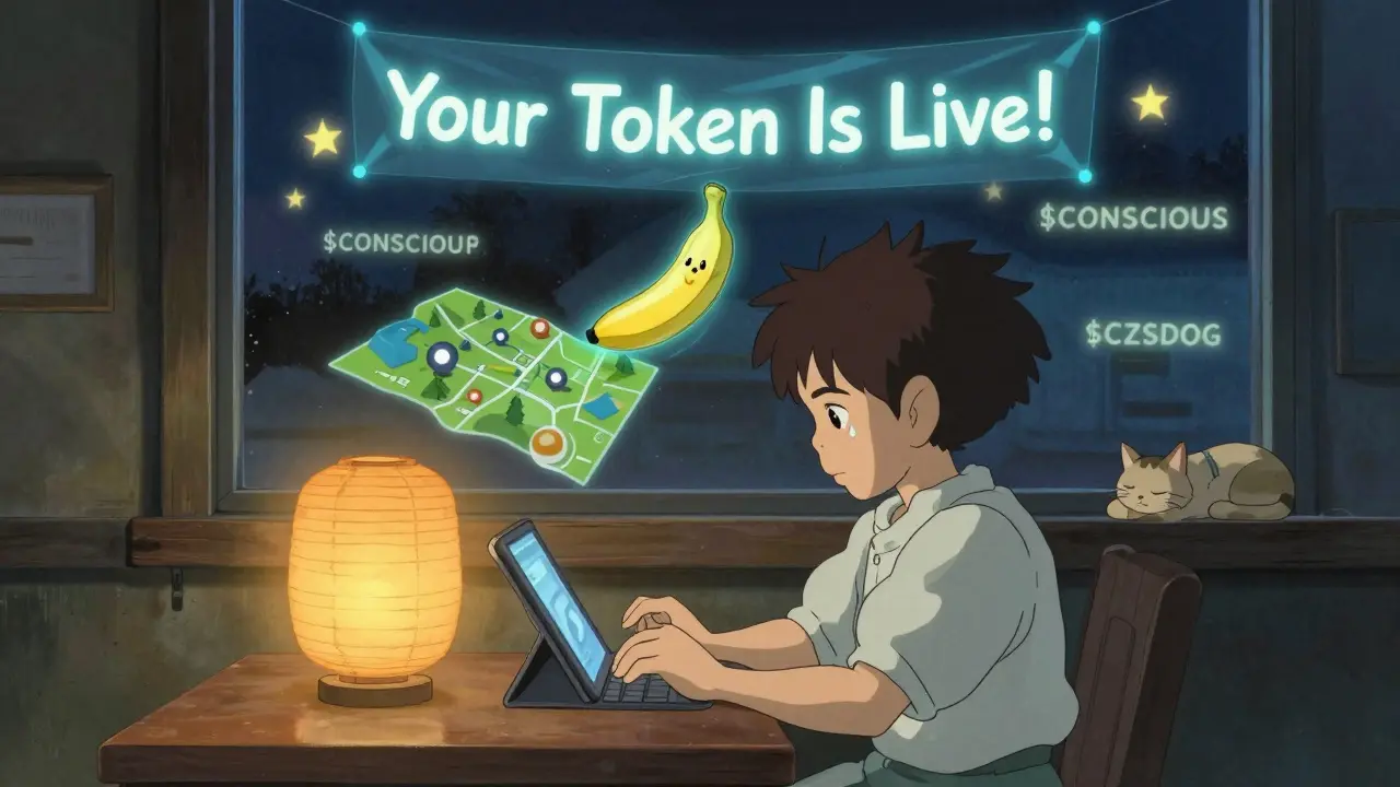 A teen stares at a glowing tablet as a banana-shaped token dances above a map of PancakeSwap at night.