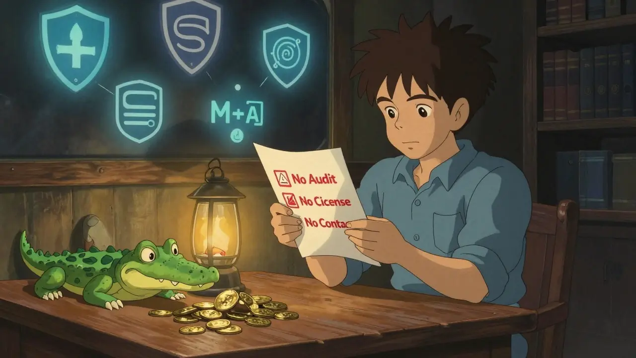 A trader at a wooden desk sees fake crypto testimonials while a shadowy alligator spirit steals coins, as secure exchanges glow on the wall behind.