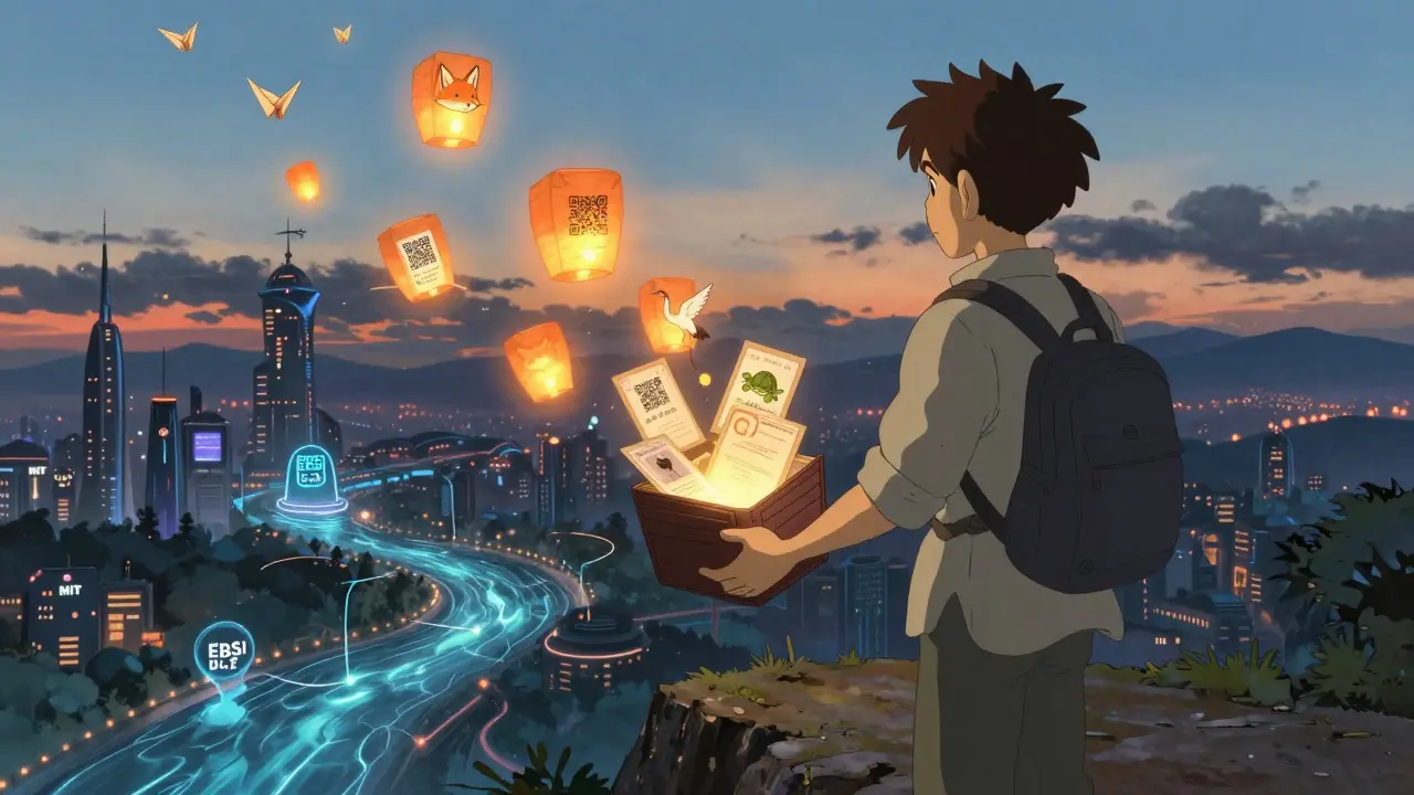 A traveler carries multiple NFT credentials as glowing lanterns, overlooking a city connected by a light-filled blockchain river.