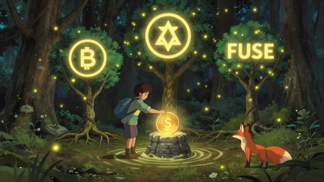 A traveler places a token into a stone altar in a forest, causing light to ripple through roots of three glowing trees.