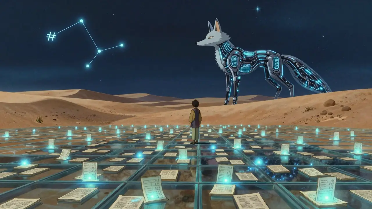 A traveler walks over a glass desert revealing floating ledgers, with a silent mechanical fox watching under a starlit sky.