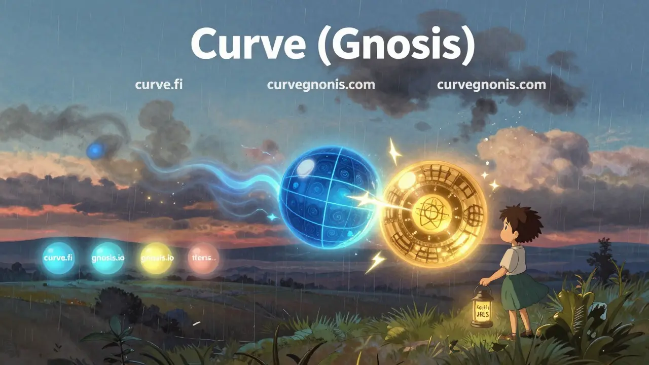 A wind spirit failing to merge Curve and Gnosis orbs, while real websites glow safely in the distance, in Studio Ghibli style.