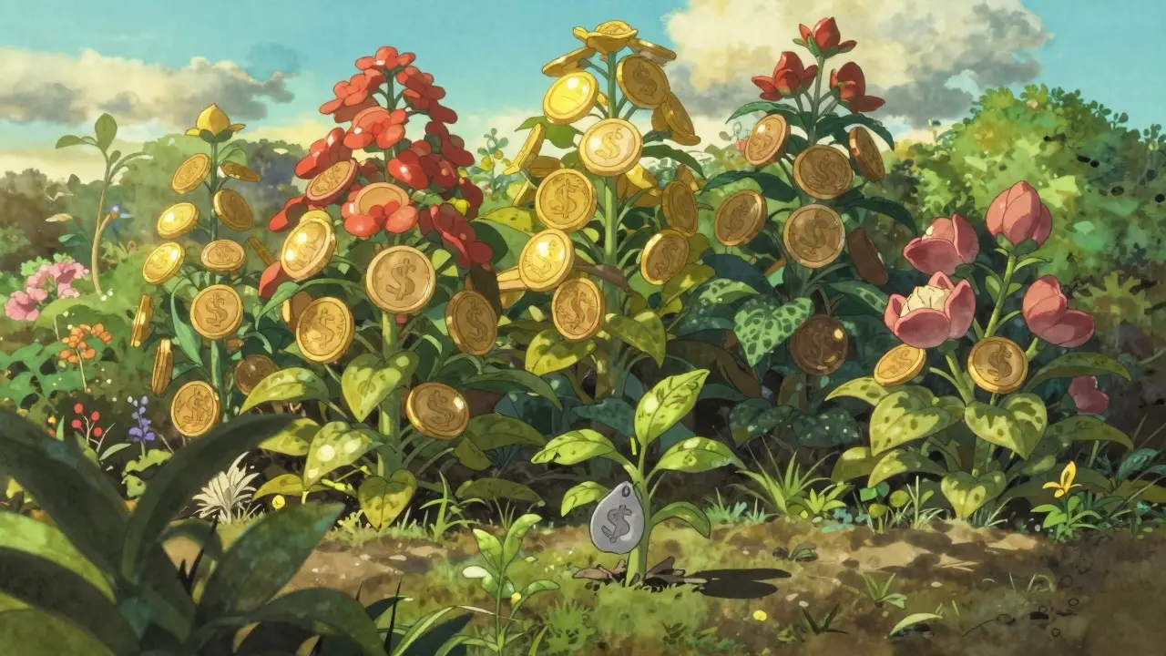 A withered plant holding a dull coin in a garden of vibrant blooming plants.