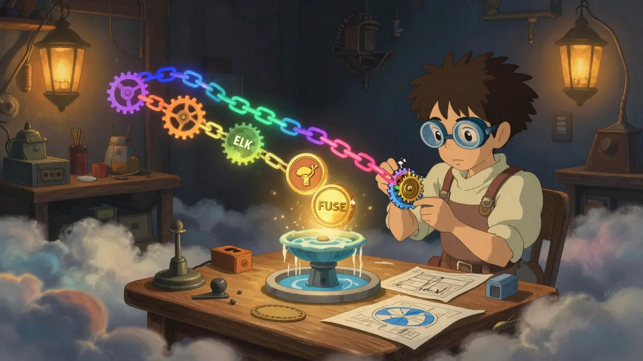 A young inventor works on a gear mechanism linking colored chains, with ELK and FUSE tokens floating above a glowing fountain.