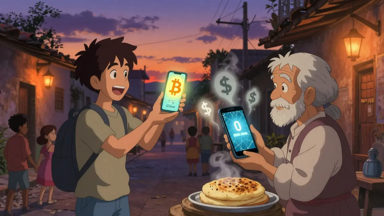 A young man sends Bitcoin to family abroad while an elderly vendor stares at a blank phone screen, surrounded by fading dollar signs.