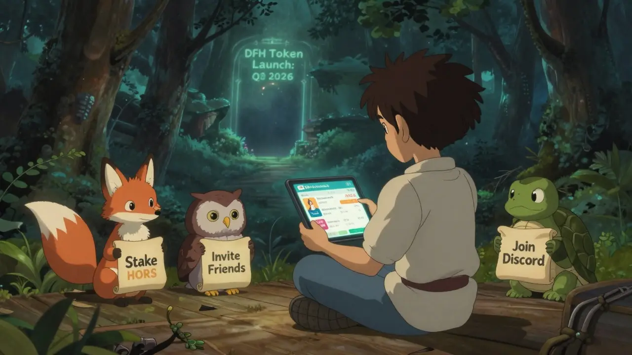 A young player sits in a quiet digital forest, reviewing their DeFiHorse activity logs as spirit animals hold task scrolls nearby.