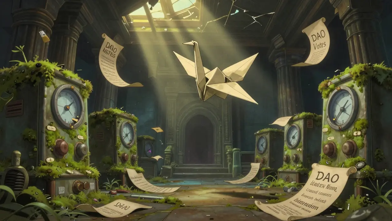 An abandoned DeFi temple filled with mossy machines and a drifting origami crane made of blockchain code.