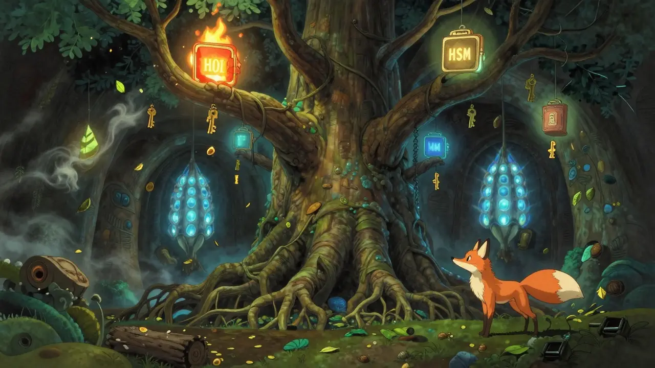 An ancient tree with digital wallet branches grows in a vault, guarded by a fox spirit as encrypted keys fall like leaves.
