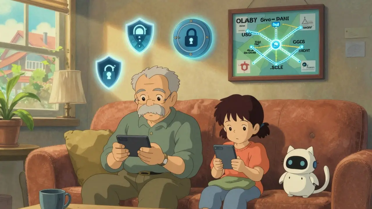 An elderly man and child use Zipmex together, protected by gentle animated security spirits in a sunlit living room.