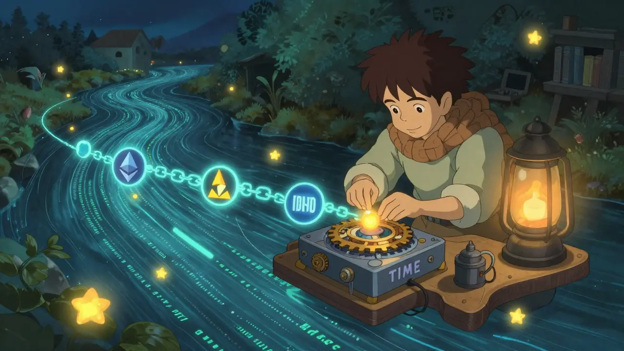 An engineer in a floating workshop maintaining a device connecting three blockchain chains, representing a functional DeFi token.